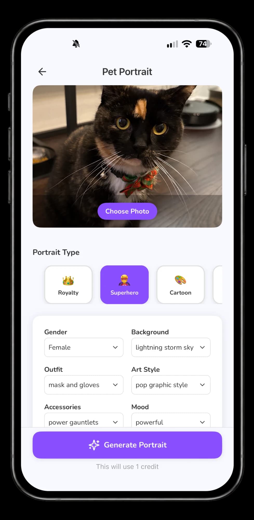 ImaginPaws Pet Portrait screen: a photo of a tortoiseshell cat with Superhero selected and options for outfit, background, art style, and mood