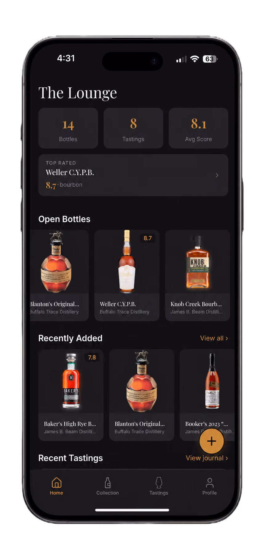 Stillory’s Lounge home screen: bottle, tasting, and average-score stats, the top-rated pour, open bottles, and recently added bottles