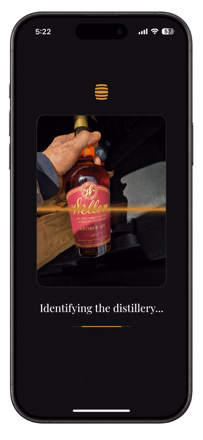 Stillory scanning a bottle of Weller Antique 107 and identifying the distillery